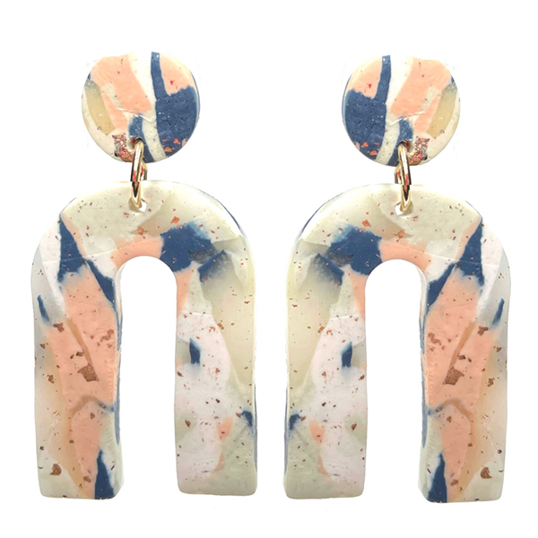 Cute Polymer Clay Blue Multi-Colored Arch Gold Accented Stud Dangle Earrings