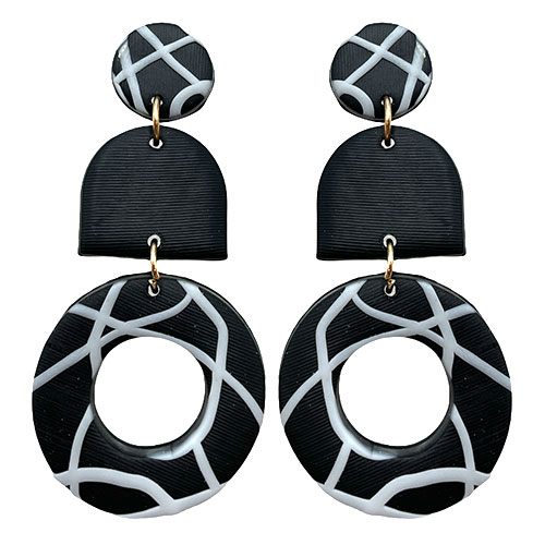 Cute Polymer Clay Black & White Plaid Design Gold Accented Stud Dangle Earrings