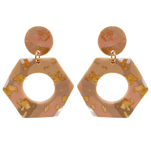 Cute Polymer Clay Blush Pink Multi-Colored Mix Hexagon Gold Accented Stud Dangle Earrings