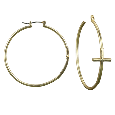 Religion Cross Matte Gold Hoop Earrings with Click-Down Clasp