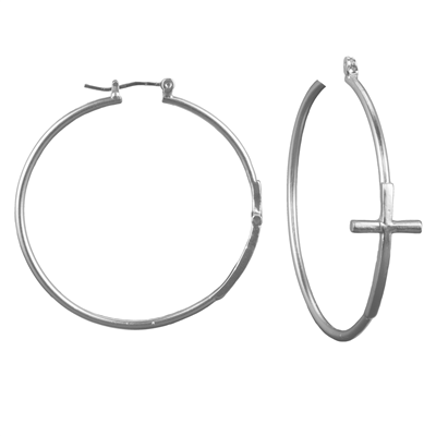 Religion Cross Matte Silver Hoop Earrings with Click-Down Clasp