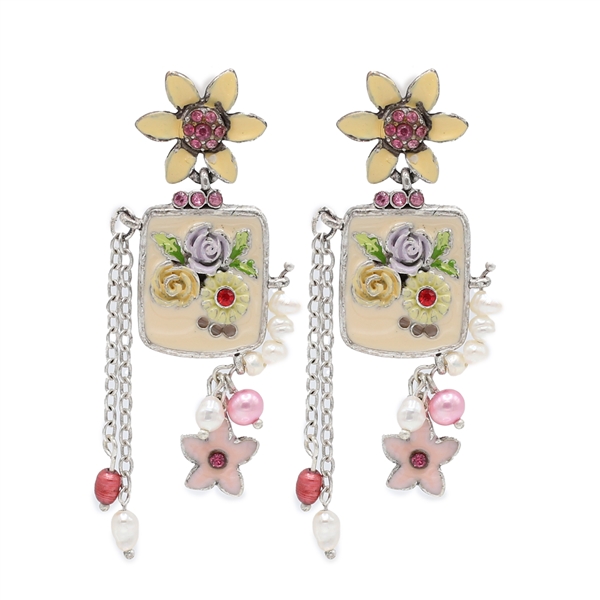 Stylish Sparkling Crystal Beaded Chain Silver-Tone Stud Dangle Earrings