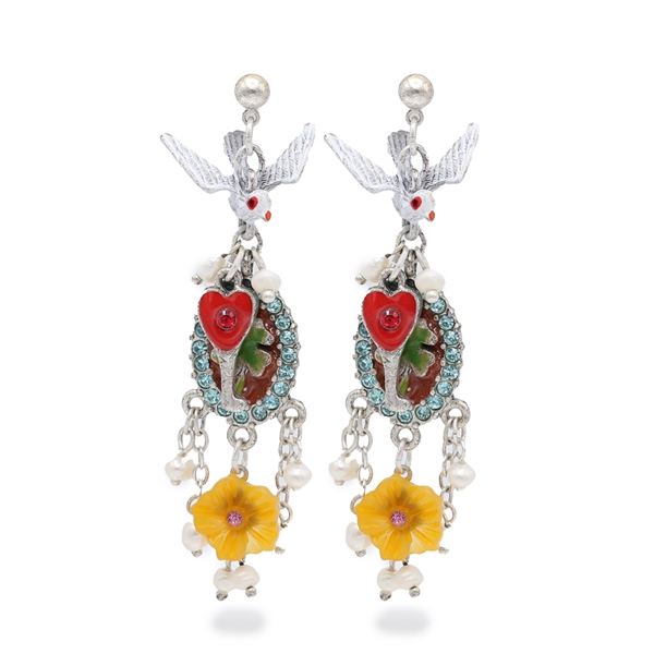 Stylish Sparkling Aqua & Rose Crystal Drop Charms Silver-Tone Stud Dangle Earrings
