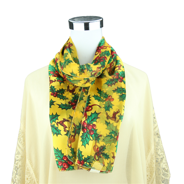 Holly & Festive Holly Leaves Print Pattern Yellow Silk Scarf