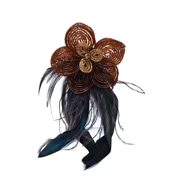 Sparkling Crystal Beaded Brown Feathery Brooch Pin