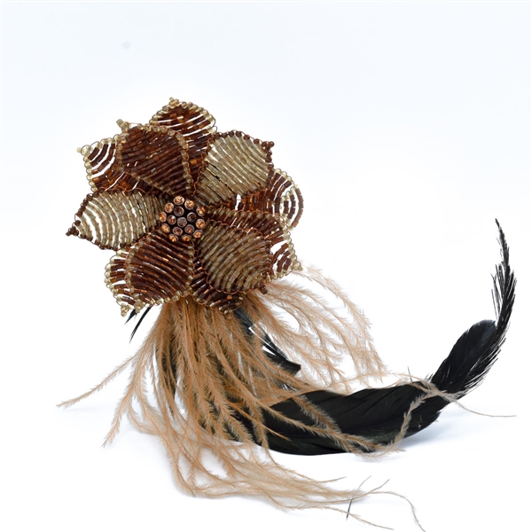 Sparkling Crystal Beaded Brown Feathery Brooch Pin