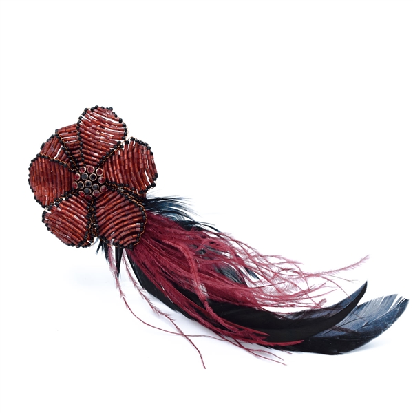 Sparkling Crystal Beaded Burgundy Feathery Brooch Pin