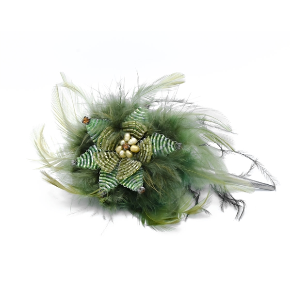 Sparkling Crystal Beaded Green Feathery Hair Clip