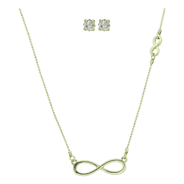 Stylish Fashionable Double Infinity Crystal Stud Earrings Gold Necklace Set