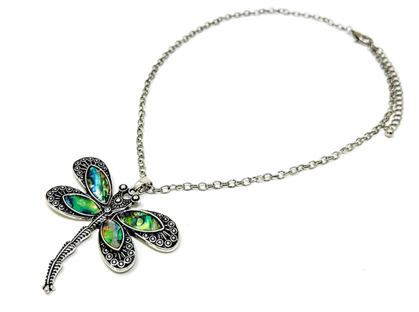 Stylish Abalone Iridescent Stone Dragonfly Silver Tone Cable Chain Necklace