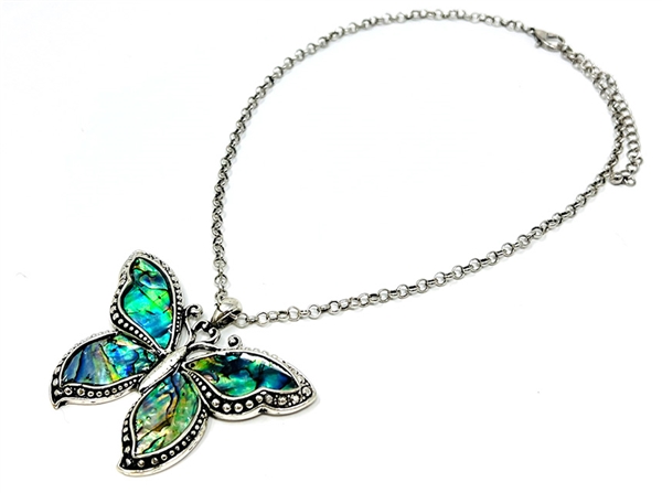 Stylish Abalone Iridescent Stone Butterfly Silver Tone Cable Chain Necklace