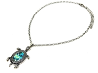 Stylish Abalone Iridescent Stone Sea Turtle Silver Tone Cable Chain Necklace