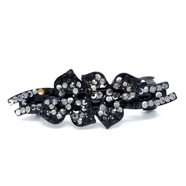 Sparkling Black Diamond, Hematite & Jet Crystals Arched Flower Design Black Toned Barrette