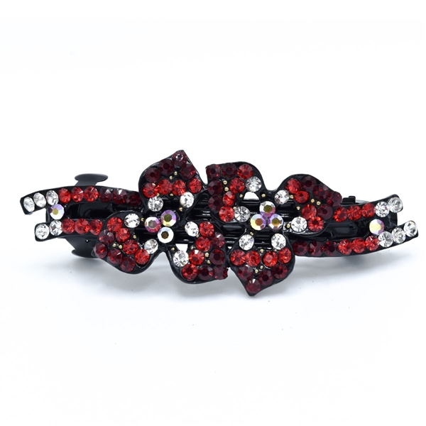Sparkling Dark Siam, Siam, Diamond & Iridescent Crystals Arched Flower Design Black Toned Barrette