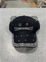 Fashion Sparkling Rhinestone Cat-Inspired Black Soft Cotton Adjustable Snapback Ball Cap Hat