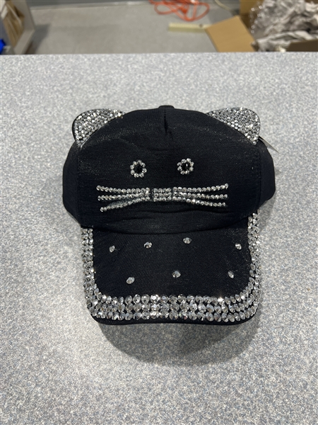 Fashion Sparkling Rhinestone Cat-Inspired Black Soft Cotton Adjustable Snapback Ball Cap Hat
