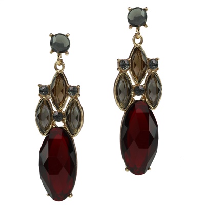 DARK RED OVAL CRYSTAL DROP EARRINGS