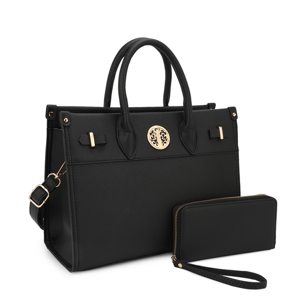 Fashion Black Faux Leather Satchel Handbag Set