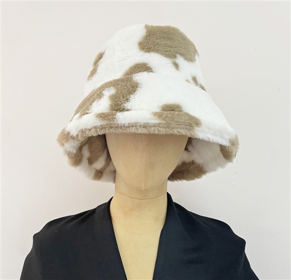 Camel & White Cow Print Design Warm & Cozy Soft Faux Fur Fashion Bucket Hat