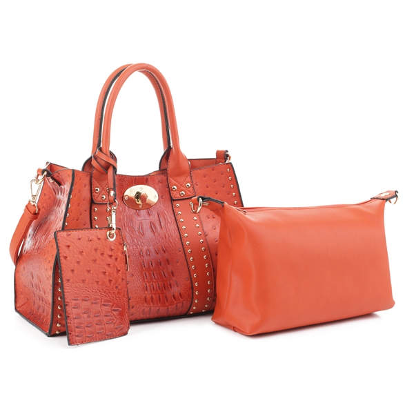 Unique Orange Faux Alligator & Faux Leather Textured Studded Satchel Handbag Set