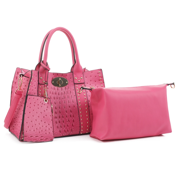 Unique Pink Faux Alligator & Faux Leather Textured Studded Satchel Handbag Set