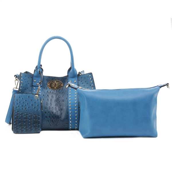 Unique Turquoise Faux Alligator & Faux Leather Textured Studded Satchel Handbag Set