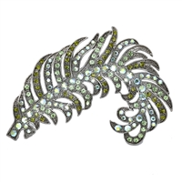 Sparkling Colored Crystals Silver Toned Wilted Feather Fashion Brooch