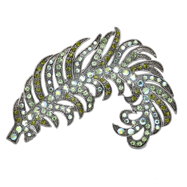 Sparkling Colored Crystals Silver Toned Wilted Feather Fashion Brooch
