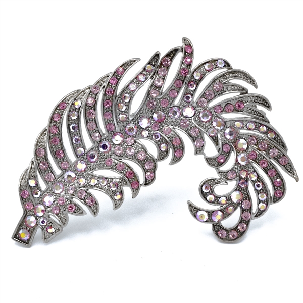 Sparkling Colored Crystals Silver Toned Wilted Feather Fashion Brooch