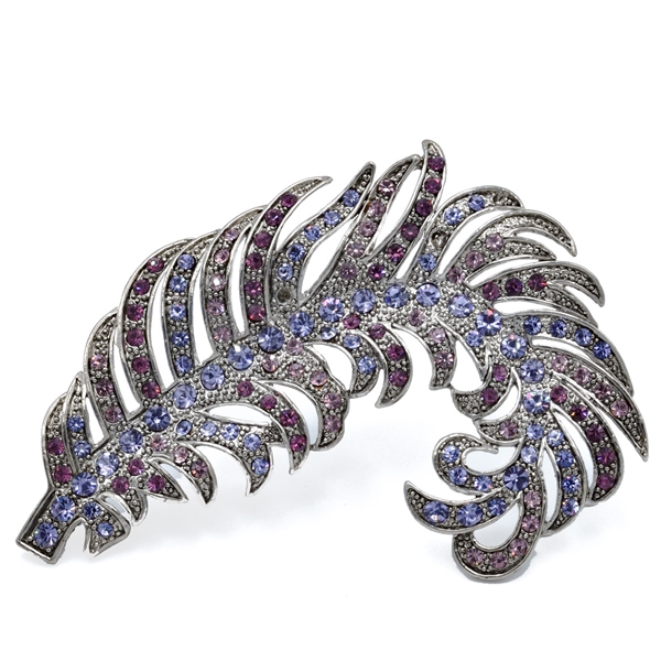 Sparkling Colored Crystals Silver Toned Wilted Feather Fashion Brooch