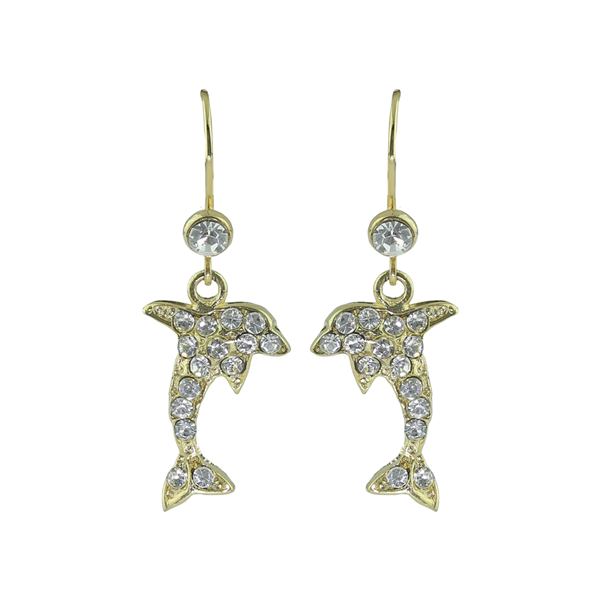 Shimmering Crystal Clear Dolphin Gold Earrings