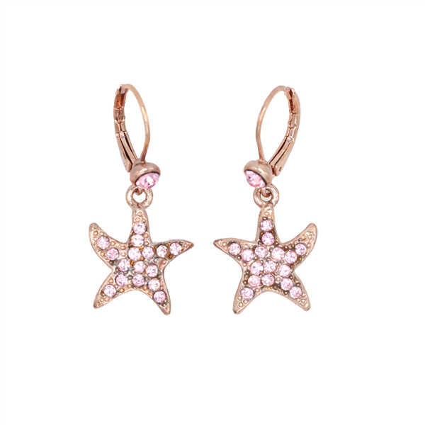 Shimmering Rose Crystal Starfish Rose Gold Lever Back Earrings