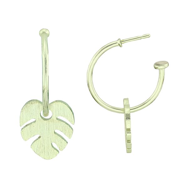 Lively & Gorgeous Gold Toned Leaf Charm Open Hoop Stud Earrings