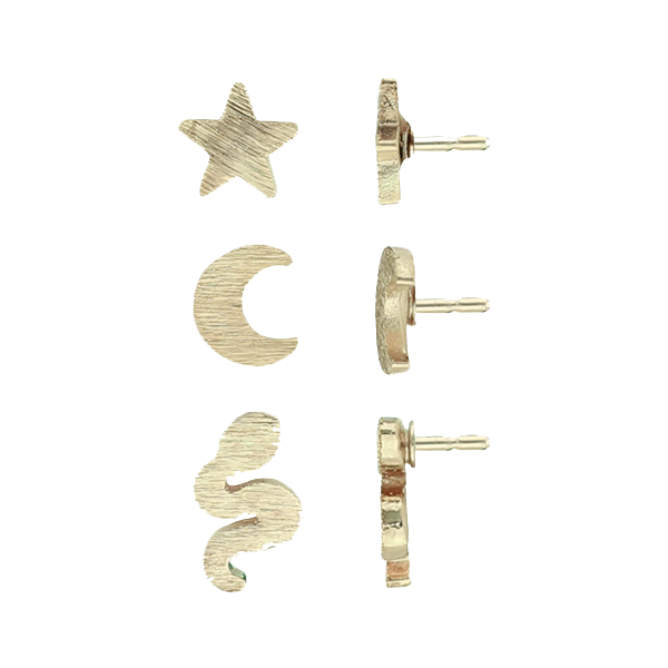 Small Chic Fashion Star, Moon & Snake Gold Toned Striped Textured Stud Earrings