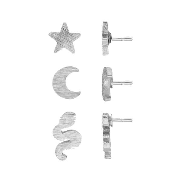 Small Chic Fashion Star, Moon & Snake Silver Toned Striped Textured Stud Earrings
