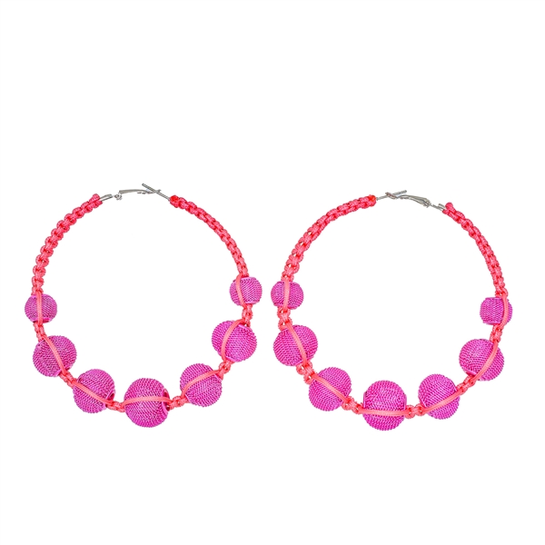 Fashion-Forward Fuchsia Wire Mesh Ball Beaded Nylon Silver-Toned Omega Back Hoop Earrings