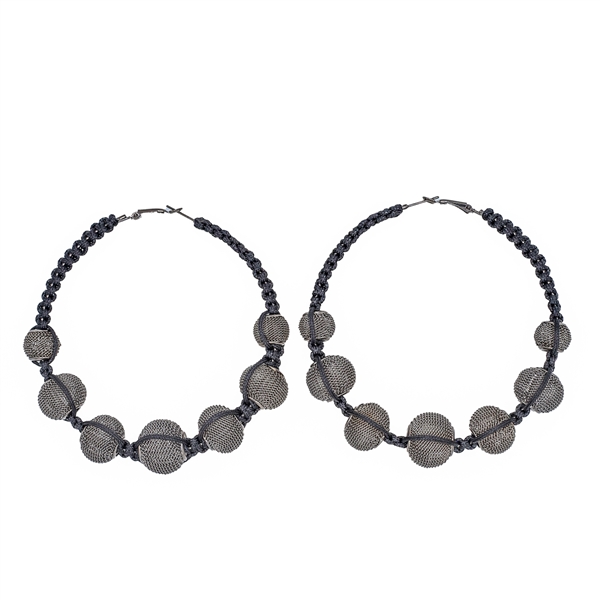 Fashion-Forward Black & Grey Wire Mesh Ball Beaded Nylon Silver-Toned Omega Back Hoop Earrings