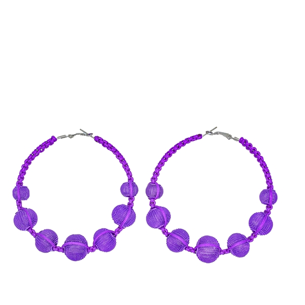 Fashion-Forward Purple Wire Mesh Ball Beaded Nylon Silver-Toned Omega Back Hoop Earrings