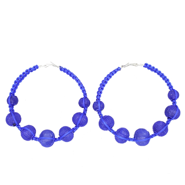 Fashion-Forward Royal Blue Wire Mesh Ball Beaded Nylon Silver-Toned Omega Back Hoop Earrings