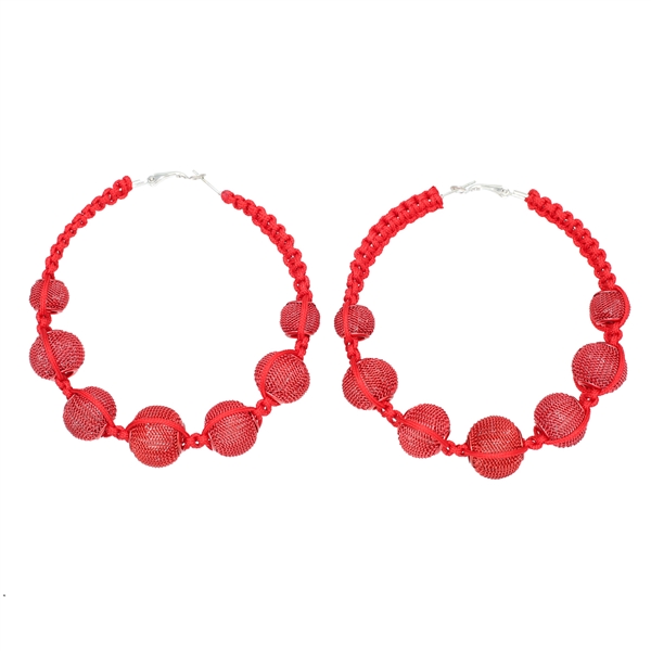 Fashion-Forward Red Wire Mesh Ball Beaded Nylon Silver-Toned Omega Back Hoop Earrings
