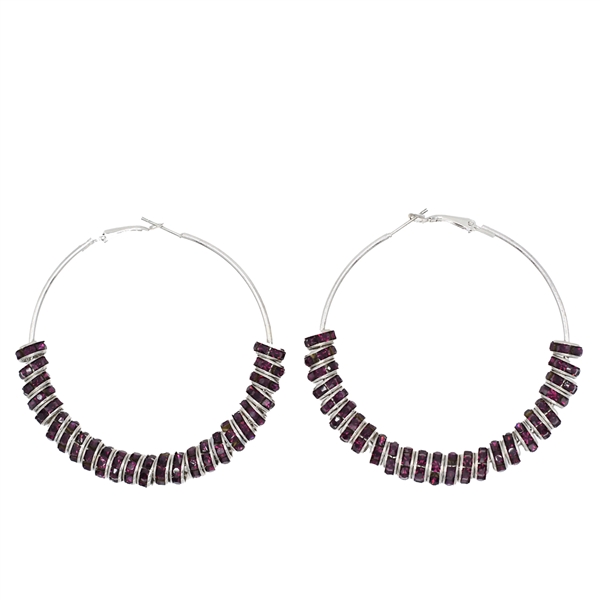 Fashion Sparkling Dark Amethyst Purple Crystal Charms Silver-Toned Hoop Omega Back Earrings
