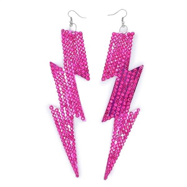 Fashion Sparkling Rose Pink Crystals Two-Sided Fuchsia Metal Lightning Bolt Drop Silver Toned Fish Hook Earrings