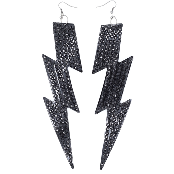 Fashion Sparkling Jet Black Crystals Two-Sided Black Metal Lightning Bolt Drop Silver Toned Fish Hook Earrings