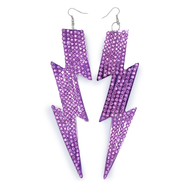 Fashion Sparkling Amethyst Purple Crystals Two-Sided Purple Metal Lightning Bolt Drop Silver Toned Fish Hook Earrings