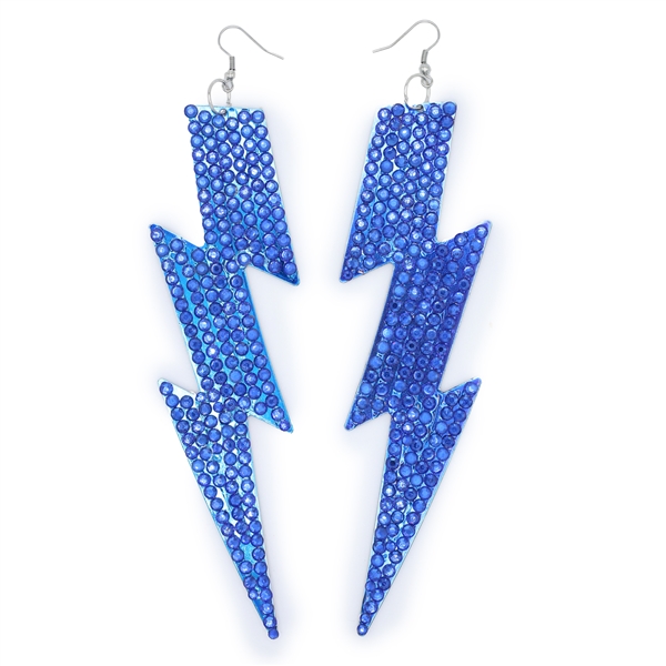 Fashion Sparkling Sapphire Blue Crystals Two-Sided Royal Blue Metal Lightning Bolt Drop Silver Toned Fish Hook Earrings