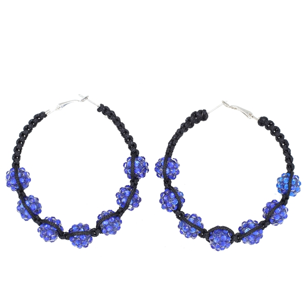 Fashion-Forward Sapphire Crystal Ball Beaded Black Nylon Silver-Toned Omega Back Hoop Earrings