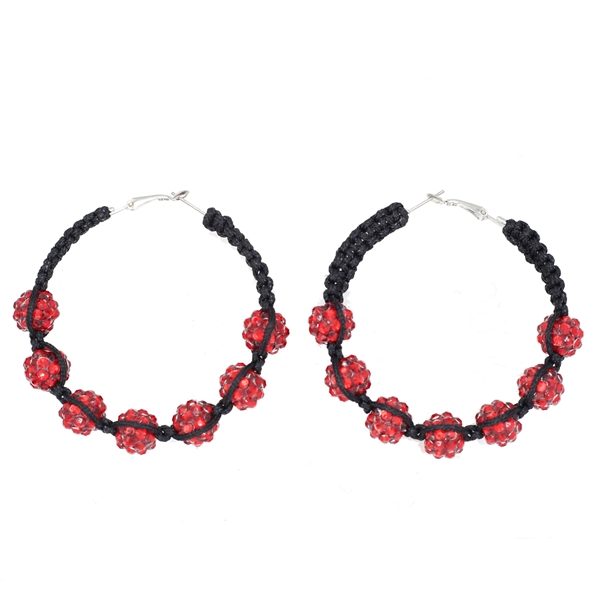 Fashion-Forward Siam Crystal Ball Beaded Black Nylon Silver-Toned Omega Back Hoop Earrings