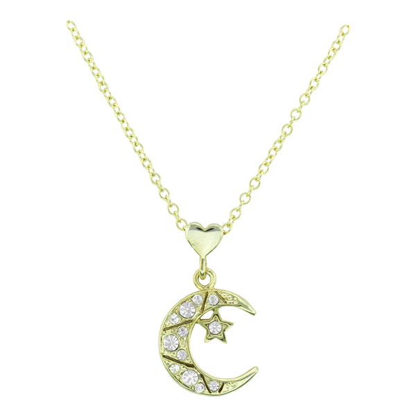 Universal & Celestial Clear Crystal Crescent Moon & Star Gold Beaded Necklace