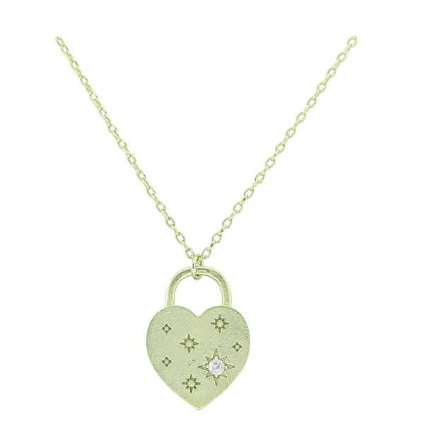 Sparkling Crystal Love Heart Lock Charm Gold Toned Necklace