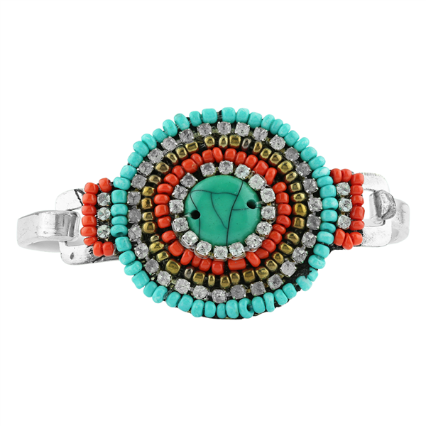 Unique & Stylish Clear Crystals Turquoise, Red-Orange & Gold Beaded Silver Bangle